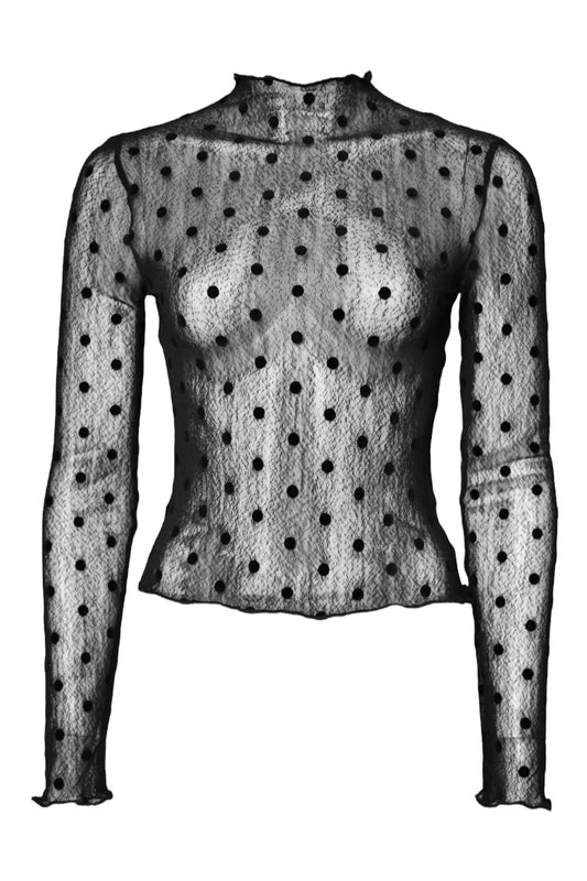 Black Polka Dot Mesh Long Sleeve Top