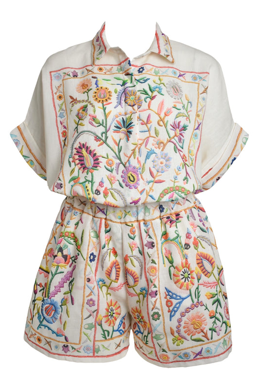 Beige Floral Print Short Sleeve Shirt & Shorts Co-ord