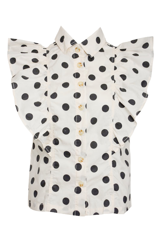 Cream & Black Polka Dot Frilled Short Sleeve Shirt