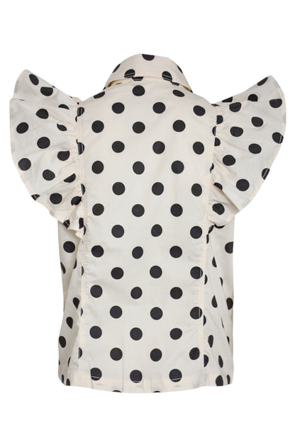 Cream & Black Polka Dot Frilled Short Sleeve Shirt