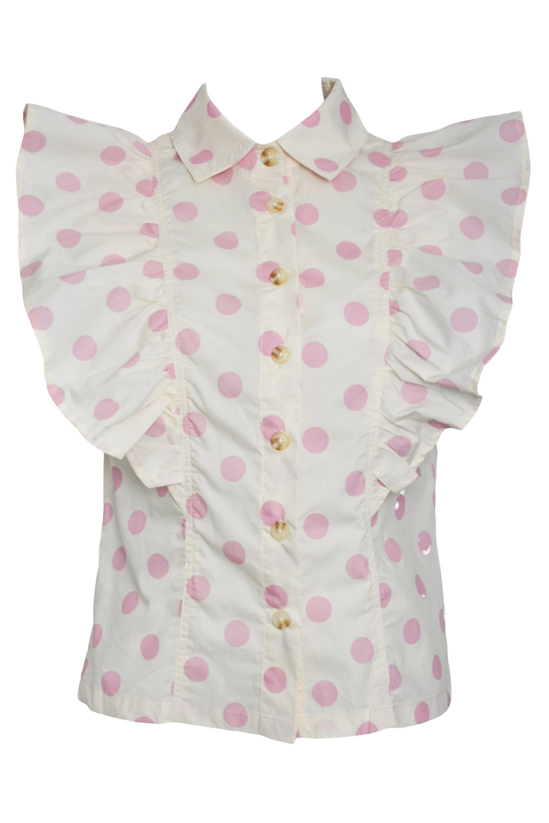 Cream & Pink Polka Dot Frilled Short Sleeve Shirt