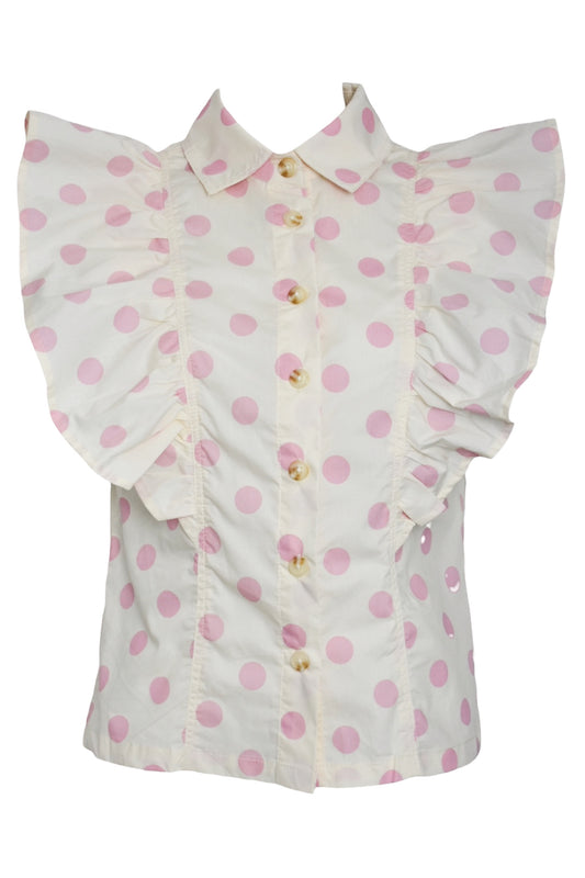 Cream & Pink Polka Dot Frilled Short Sleeve Shirt