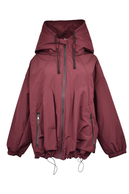 Burgundy Contrast Zip Hooded Coat