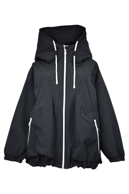 Black Contrast Zip Hooded Coat