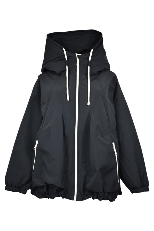 Black Contrast Zip Hooded Coat