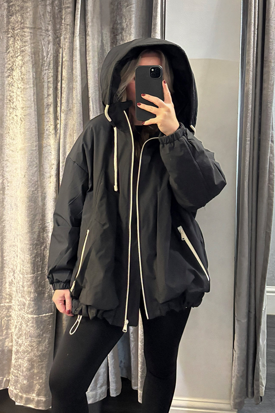 Black Contrast Zip Hooded Coat