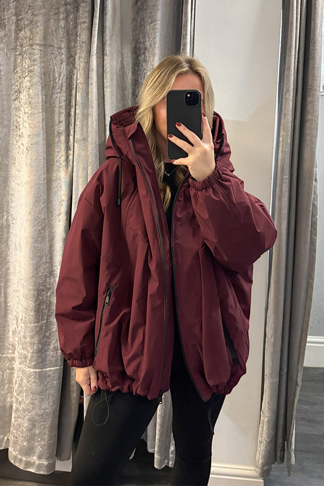 Burgundy Contrast Zip Hooded Coat