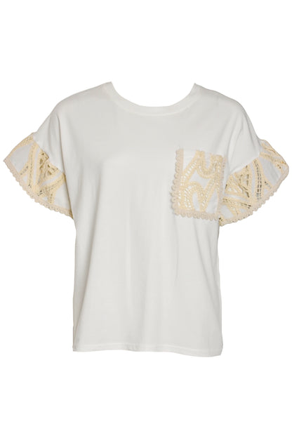 Cream Crochet Pocket & Frill Sleeve T-Shirt