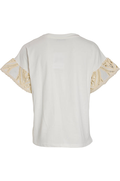 Cream Crochet Pocket & Frill Sleeve T-Shirt