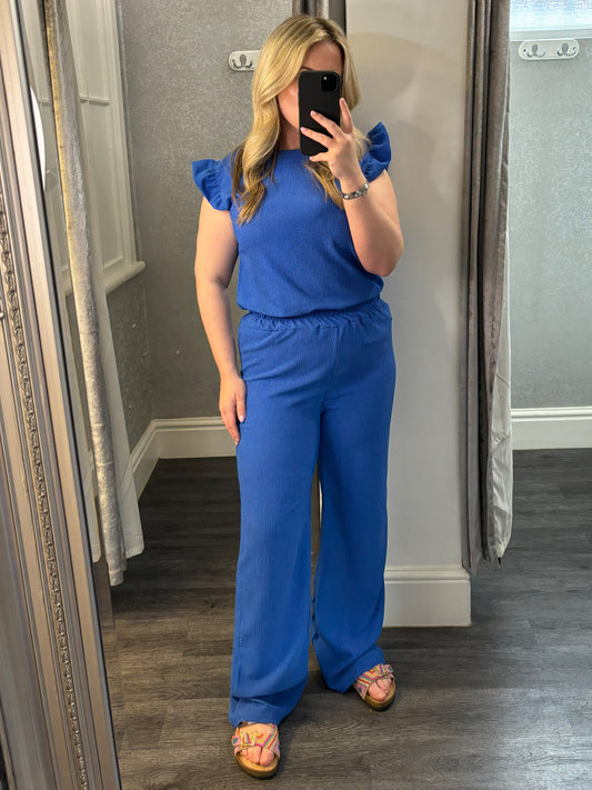 Royal Blue Frill Sleeve Wide Leg Trousers Co-ord