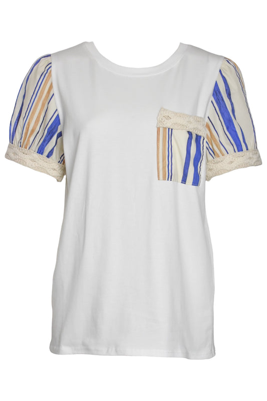 Blue Stripe Pocket & Puff Sleeve T-Shirt