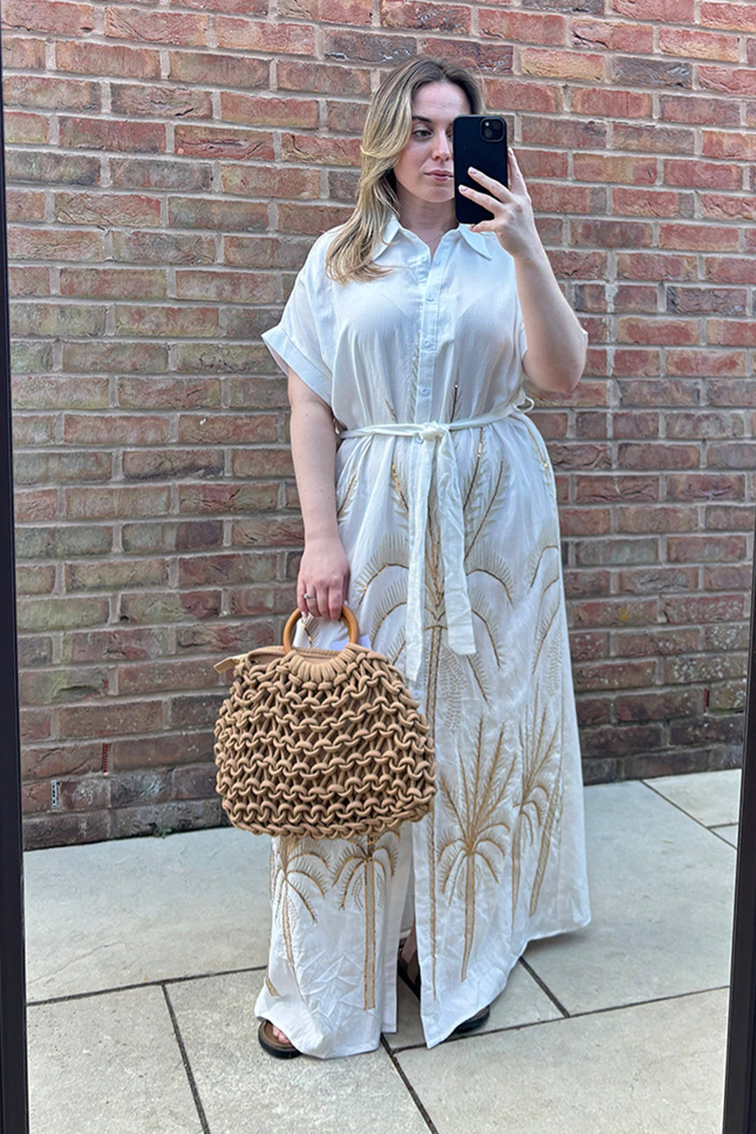 White Embossed Gold Palm Tree Belted Midi Shirt Dress