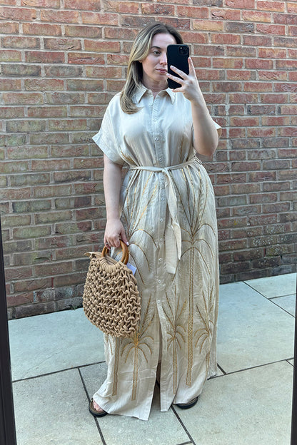 Beige Embossed Gold Palm Tree Belted Midi Dress