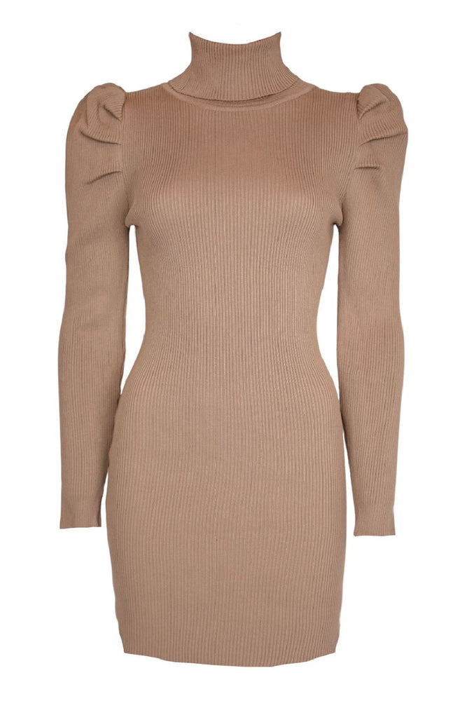 Beige Ribbed Roll Neck Puff Sleeve Dress