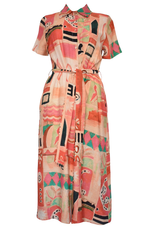Orange Multi Abstract Print Belted Dress