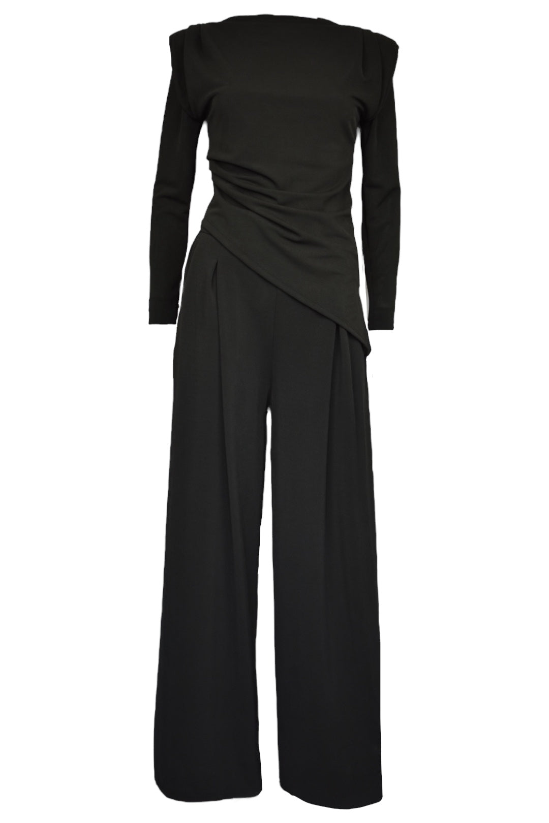 Black Asymmetric Long Sleeve Ruched Top & Wide Leg Trousers Co-ord