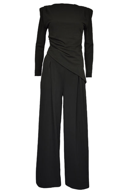 Black Asymmetric Long Sleeve Ruched Top & Wide Leg Trousers Co-ord