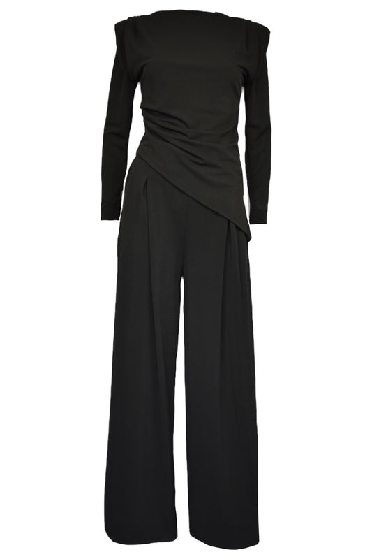 Black Asymmetric Long Sleeve Ruched Top & Wide Leg Trousers Co-ord