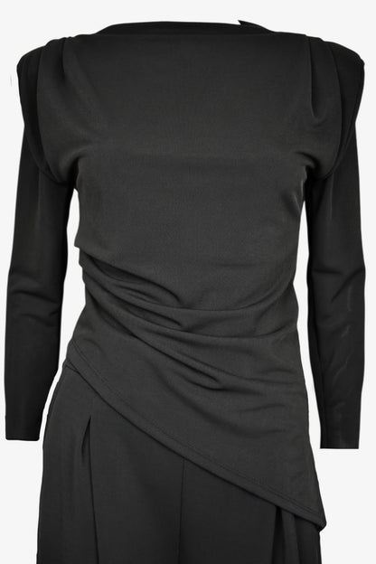 Black Asymmetric Long Sleeve Ruched Top & Wide Leg Trousers Co-ord
