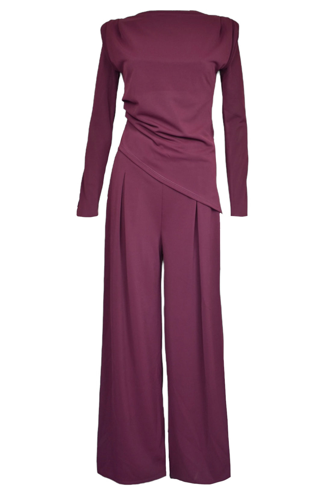 Plum Asymmetric Long Sleeve Ruched Top & Wide Leg Trousers Co-ord