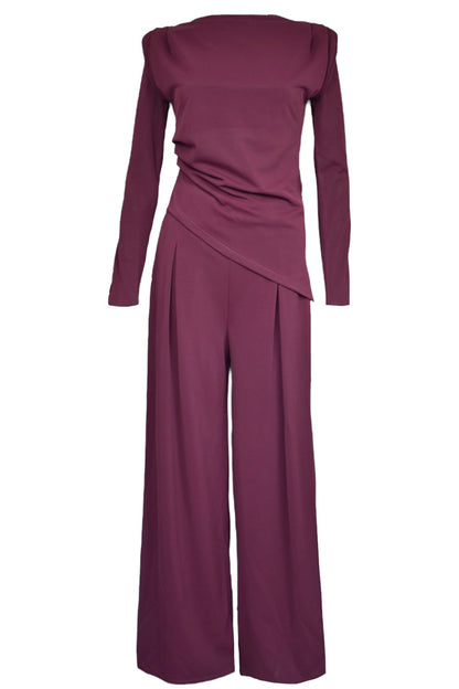 Plum Asymmetric Long Sleeve Ruched Top & Wide Leg Trousers Co-ord