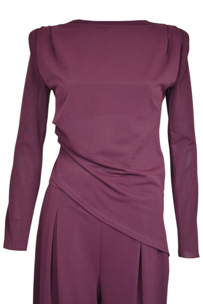 Plum Asymmetric Long Sleeve Ruched Top & Wide Leg Trousers Co-ord