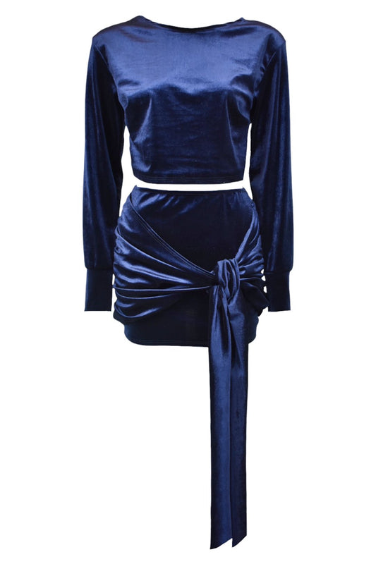 Navy Velvet Drape Skirt Co-ord