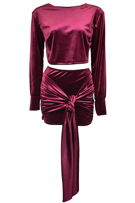 Wine Velvet Drape Skirt Co-ord