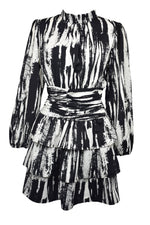 Black & White Abstract Stripe Tiered Dress