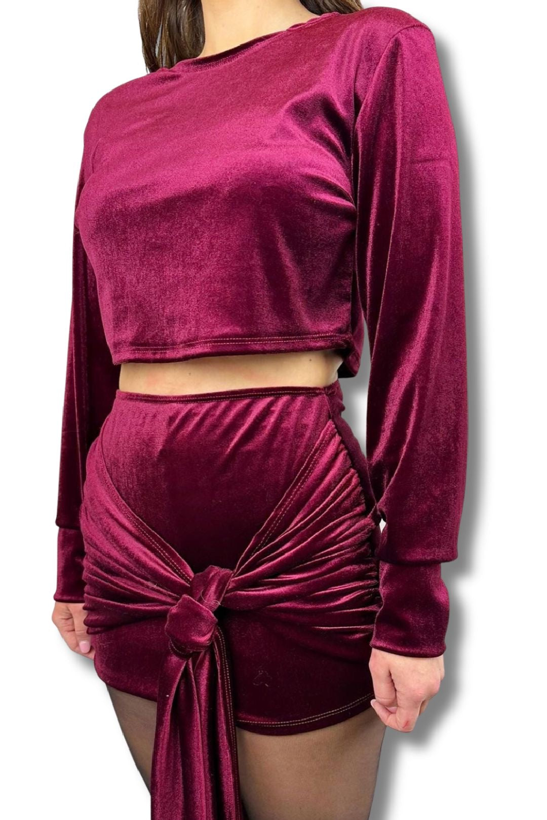 Wine Velvet Drape Skirt Co-ord