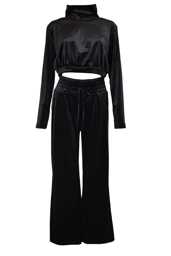 Black Velvet Cropped Top & Flared Trousers Co-ord