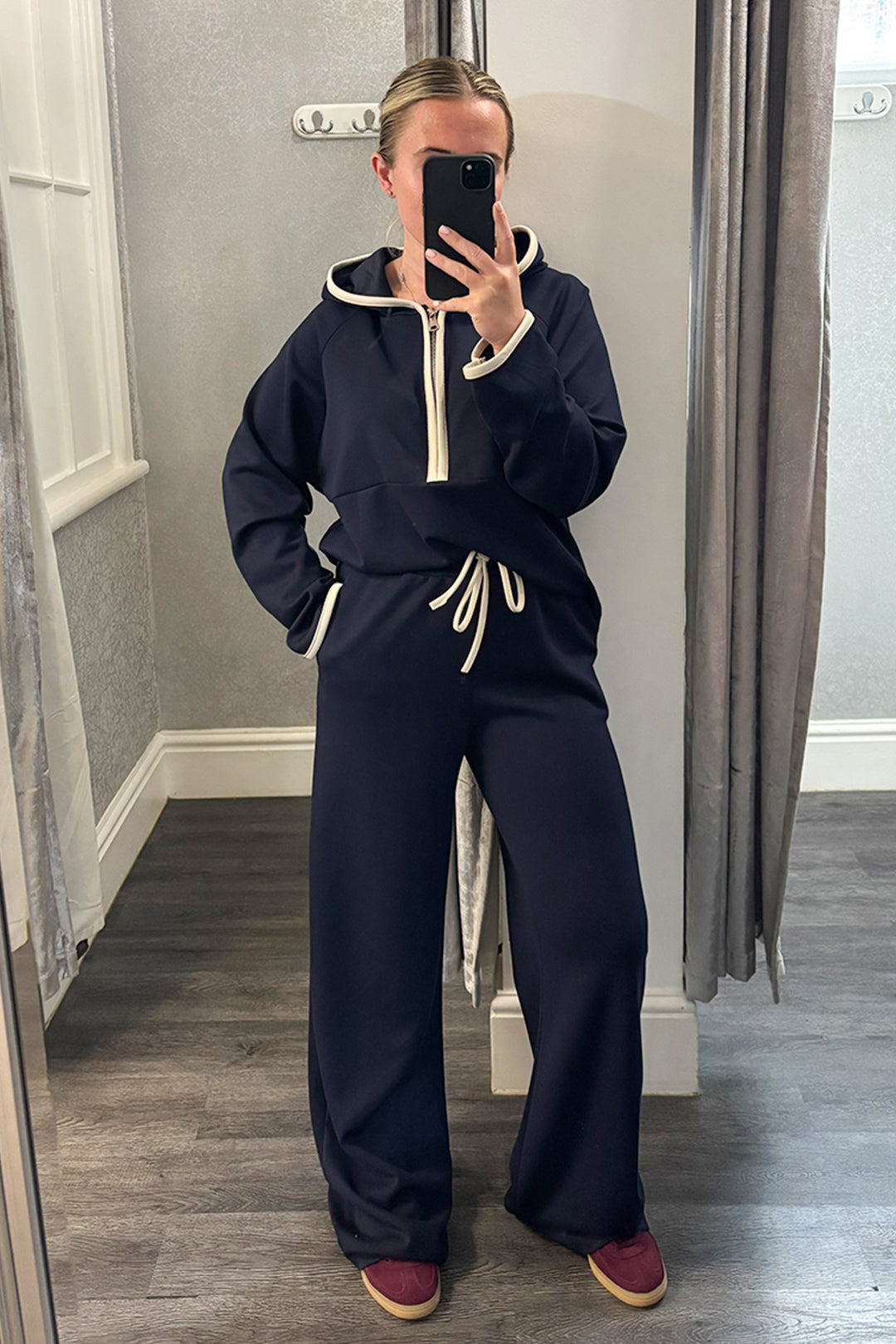 Navy Hooded Half Zip Wide Leg Loungesuit