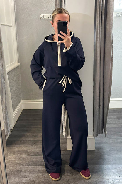 Navy Hooded Half Zip Wide Leg Loungesuit