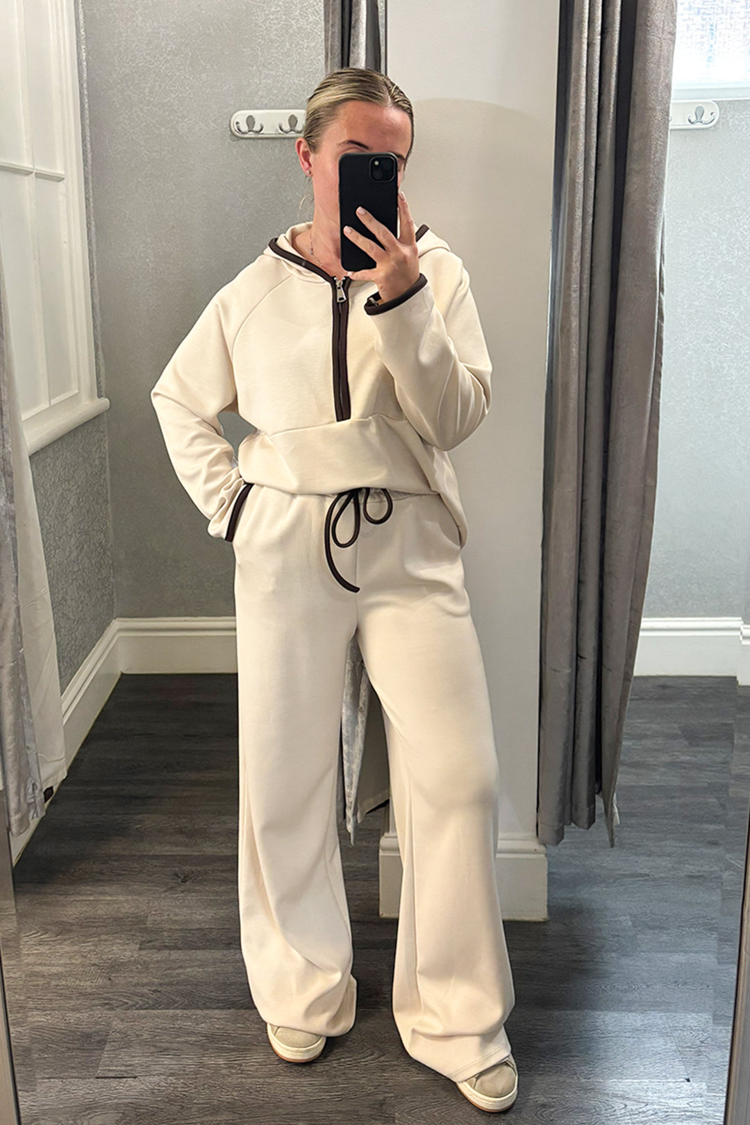 Beige Hooded Half Zip Wide Leg Loungesuit