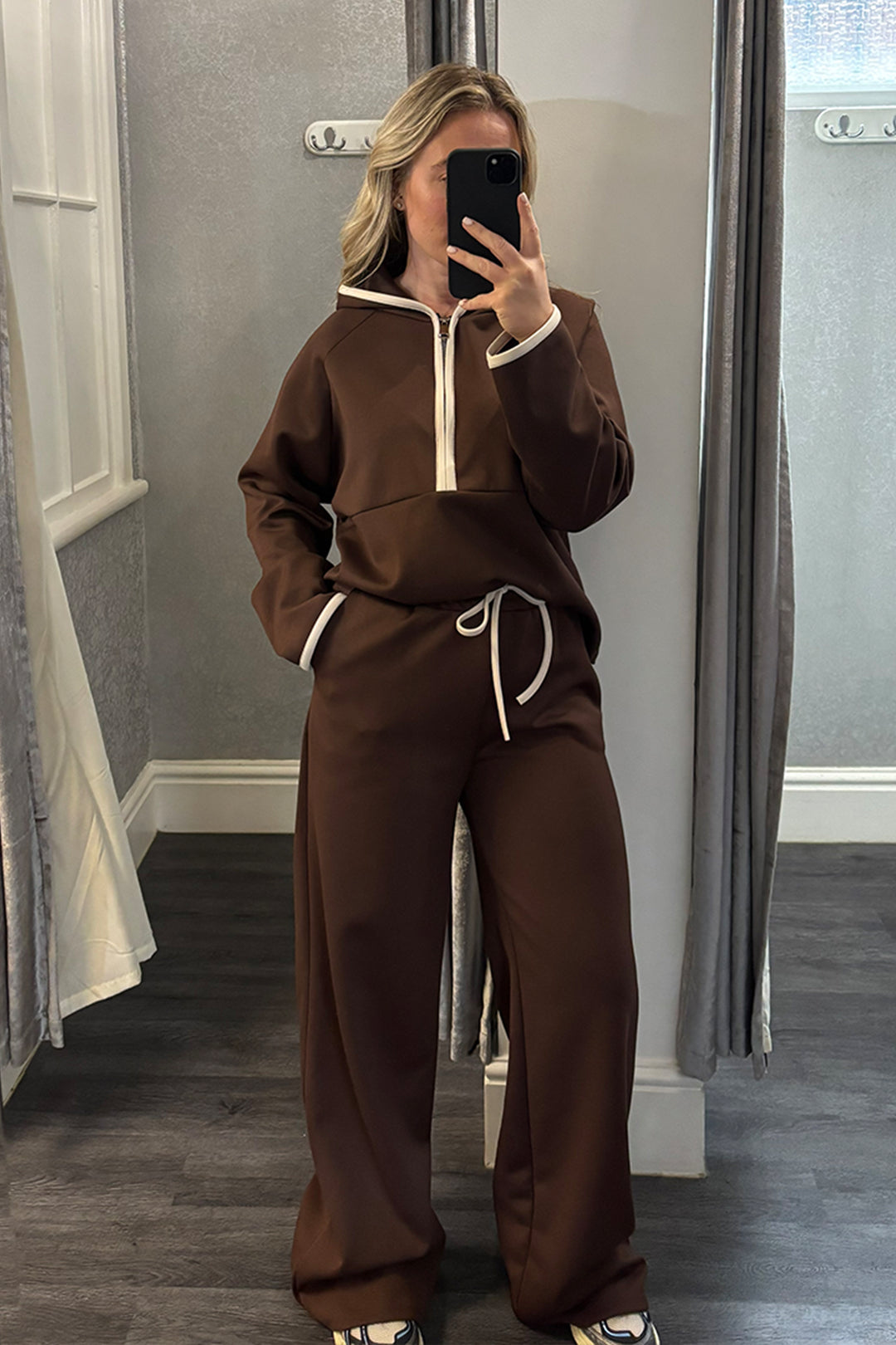 Brown Hooded Half Zip Wide Leg Loungesuit