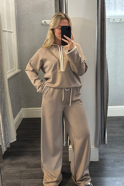 Taupe Hooded Half Zip Wide Leg Loungesuit