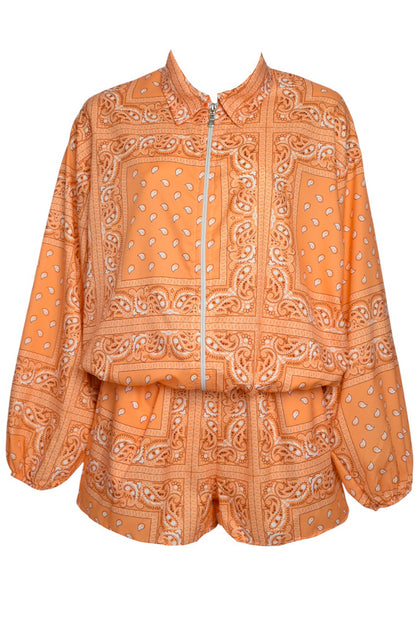 Orange Paisley Bandana Print Zipped Jacket & Shorts Co-ord