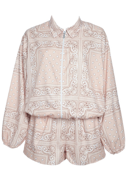 Beige Paisley Bandana Print Zipped Jacket & Shorts Co-ord