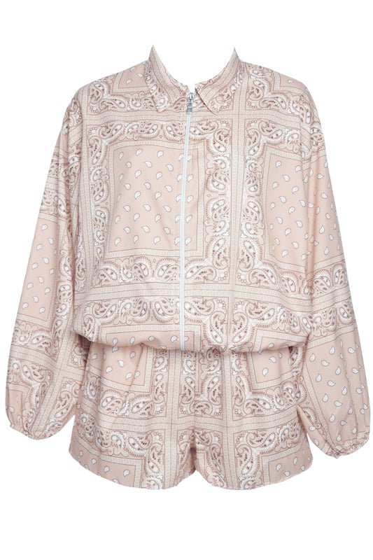 Beige Paisley Bandana Print Zipped Jacket & Shorts Co-ord