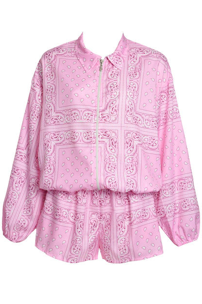 Pink Paisley Bandana Print Zipped Jacket & Shorts Co-ord