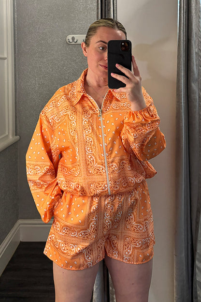 Orange Paisley Bandana Print Zipped Jacket & Shorts Co-ord