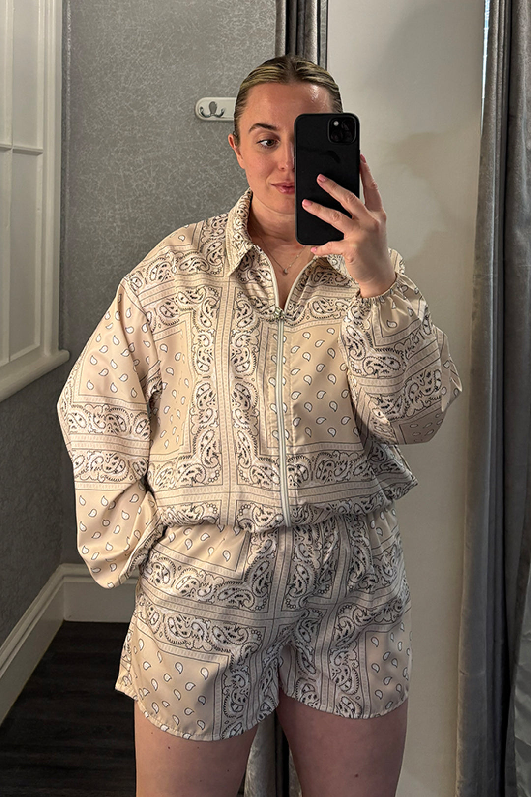 Beige Paisley Bandana Print Zipped Jacket & Shorts Co-ord