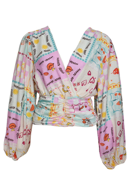 Pink Multi Sun & Heart Print Wrapover Blouse