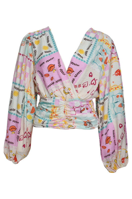 Pink Multi Sun & Heart Print Wrapover Blouse