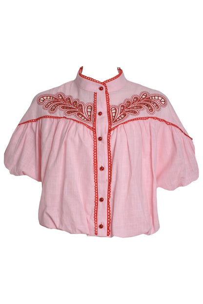 Pink & Red Embroidered Bubble Hem Short Sleeve Blouse