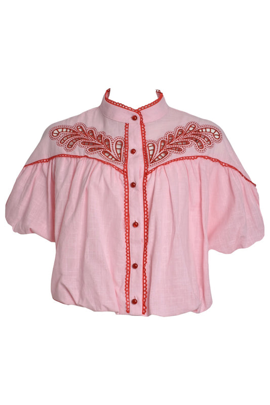 Pink & Red Embroidered Bubble Hem Short Sleeve Blouse