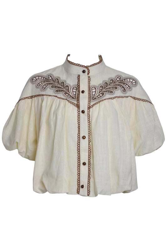 Lemon & Brown Embroidered Bubble Hem Short Sleeve Blouse