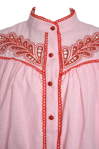 Pink & Red Embroidered Bubble Hem Short Sleeve Blouse
