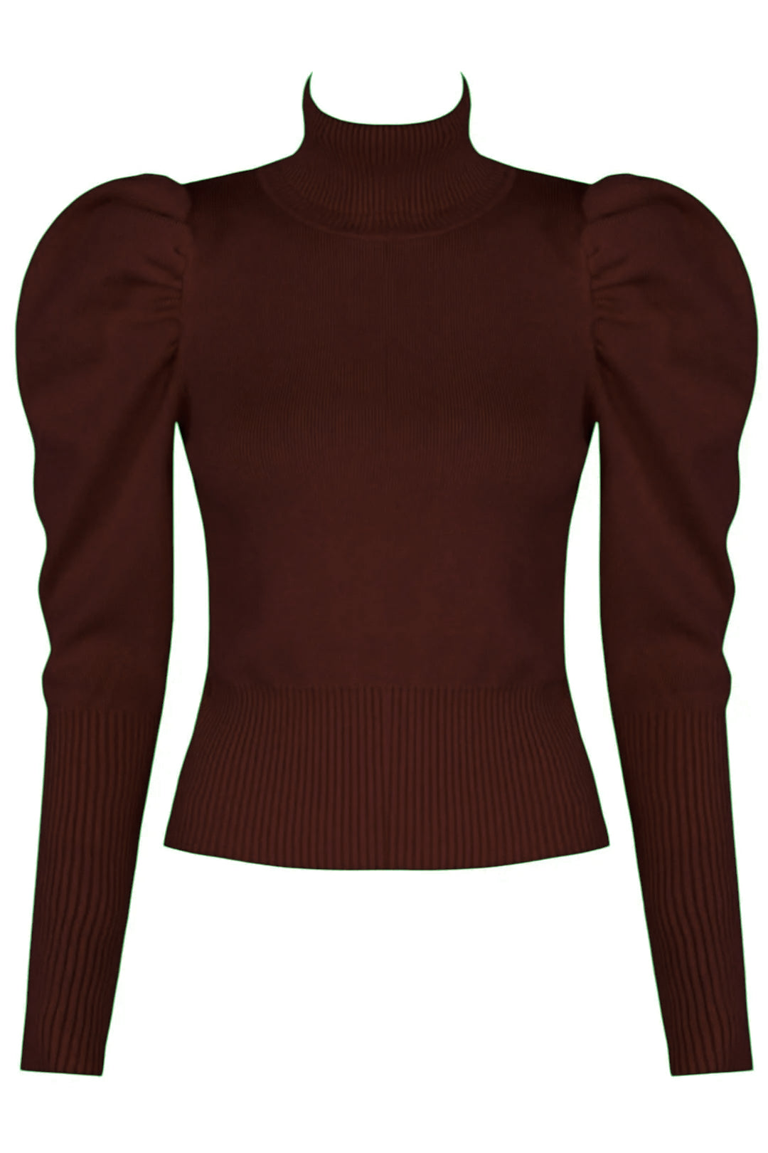 Brown Roll Neck Puff Sleeve Jumper