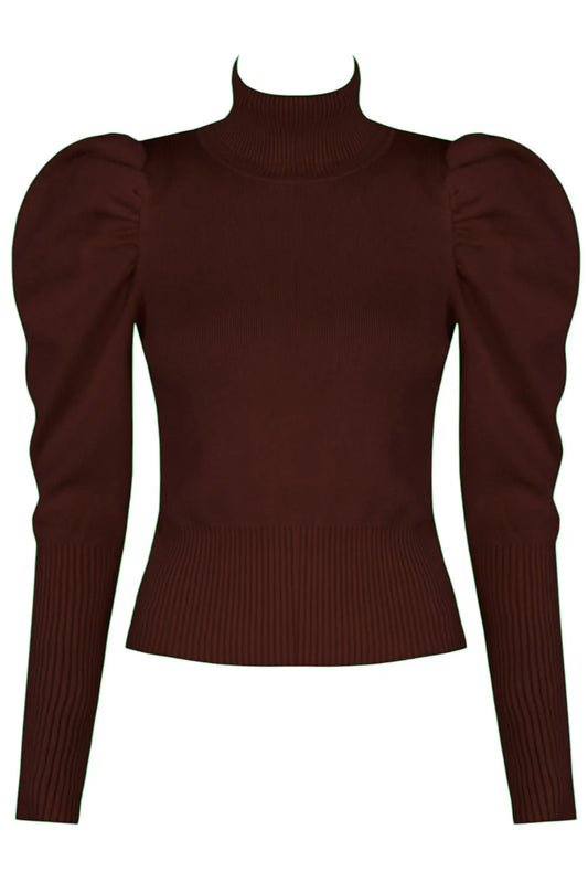 Brown Roll Neck Puff Sleeve Jumper